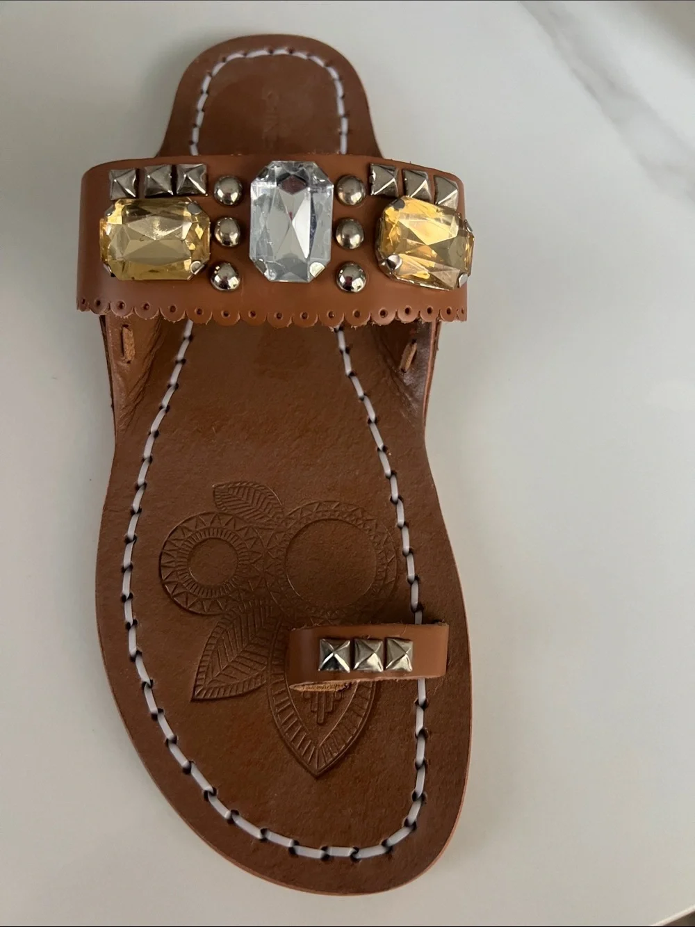 B#103-Jewel-Embellished Brown Toe-Ring Sandals